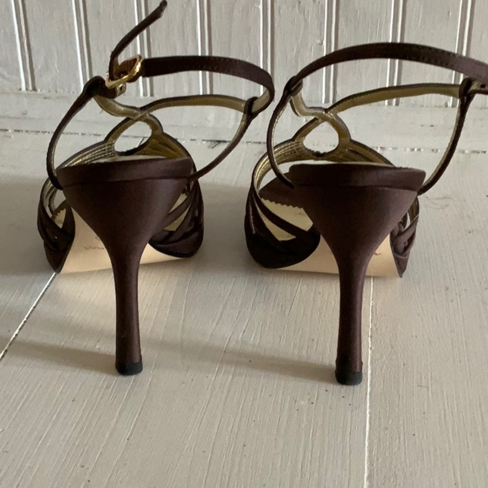 EUC Chocolate Satin Heels w/Bling - Picture 4 of 7